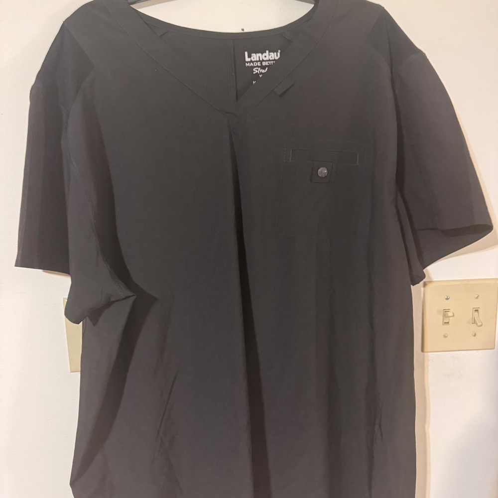 Landau Mens Black‎ Stretch V-Neck Scrub Top XXL Made in Egypt Medical Uniform